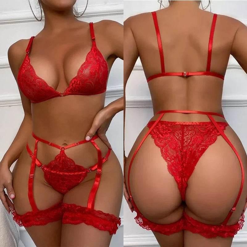 Women's Lingerie Sexy Bra Leg Loop Three Piece Set Lace Transparent Adjustable Elastic Strap Underwear Exotic Doll Porn Costume - Empire P.E