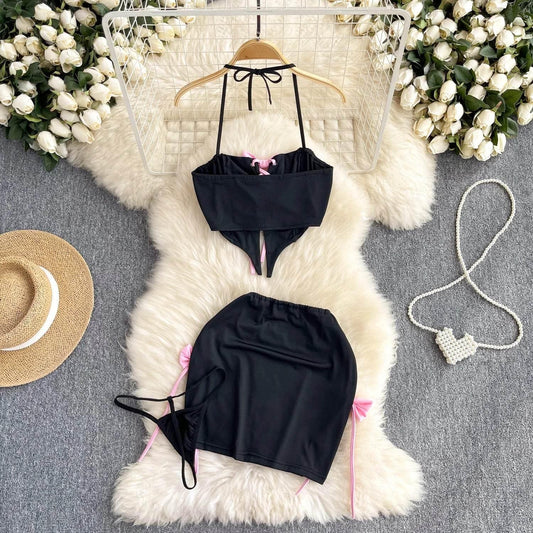 Sexy Costume Women Y2k Hotsweet Girl Suit Pink Bow Halter Crop Top Side Split A-Line Skirt Black Set Nighwear Towys Clothes New - Empire P.E